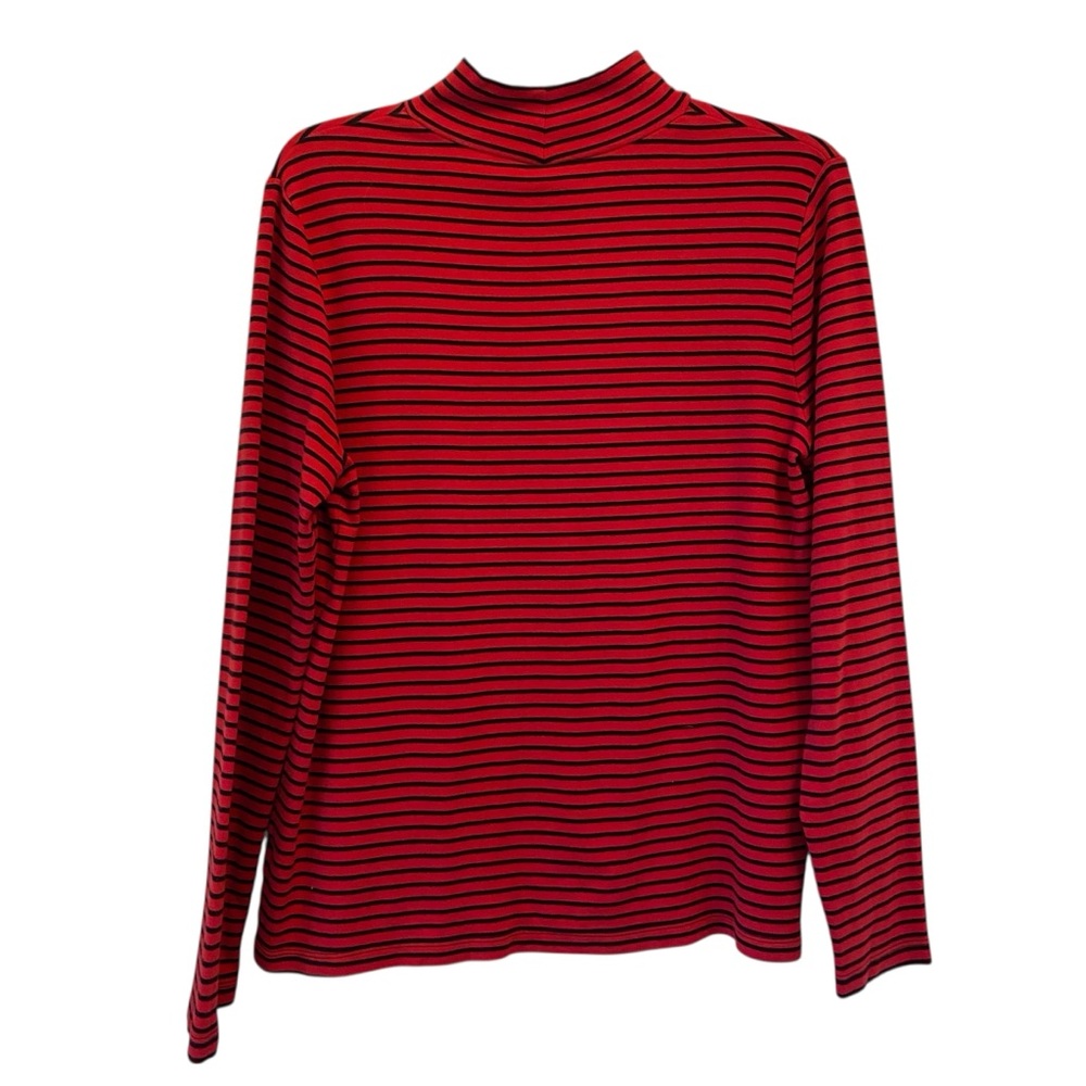 Kim Rogers Women's Large Red & Black Striped long sleeve cotton Turtleneck top - Picture 2 of 5